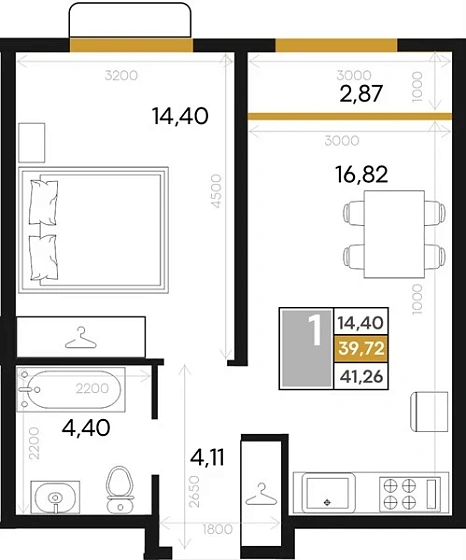 Квартира 1-комн. 41.26 кв. м
