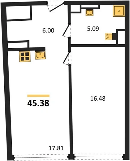 Апартаменты 1-комн. 45.38 кв. м