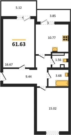 Квартира 2-комн. 61.63 кв. м