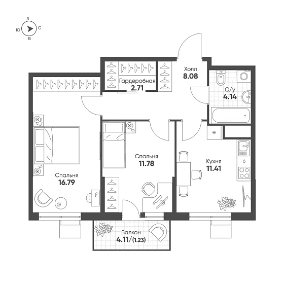 Квартира 2-комн. 56.14 кв. м