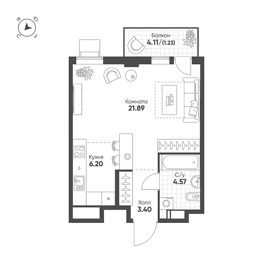 Квартира 1-комн. 37.29 кв. м