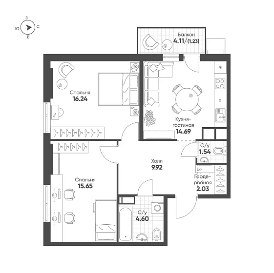 Квартира 2-комн. 65.72 кв. м