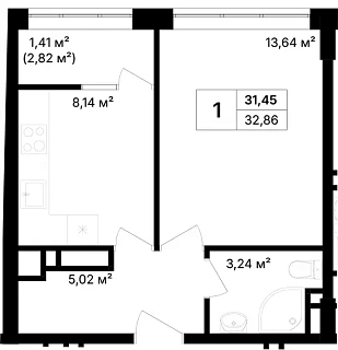 Квартира 1-комн. 32.86 кв. м