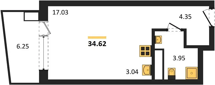 Апартаменты Студия 34.62 кв. м