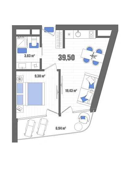 Апартаменты 1-комн. 39.54 кв. м