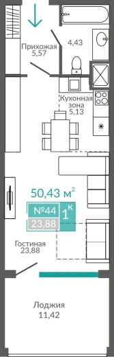 Апартаменты 1-комн. 50.43 кв.м
