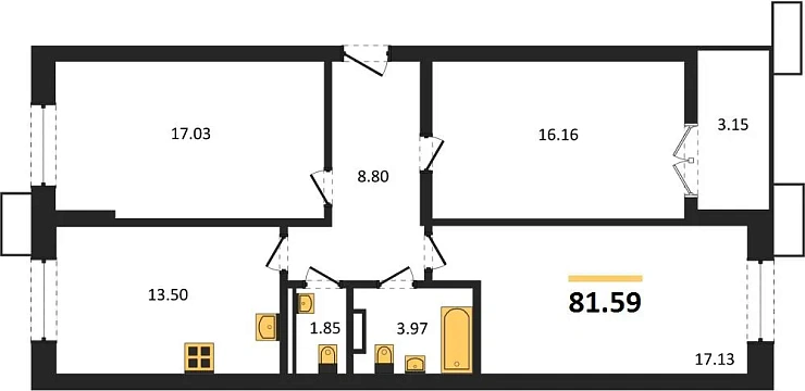 Квартира 3-комн. 81.59 кв. м