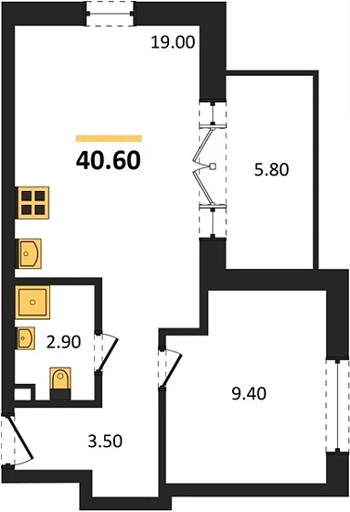Апартаменты 1-комн. 40.6 кв. м
