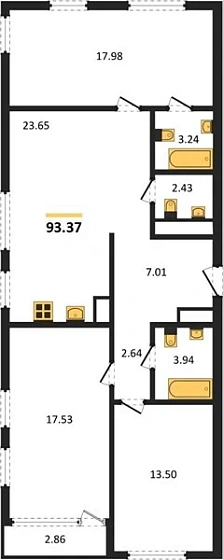 Квартира 3-комн. 93.37 кв. м