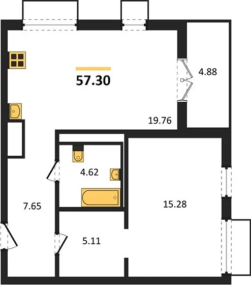 Квартира 1-комн. 57.3 кв. м