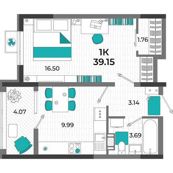Квартира 1-комн. 39.15 кв. м