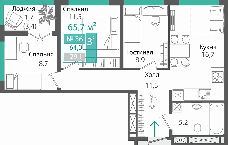 Квартира 3-комн. 64 кв.м