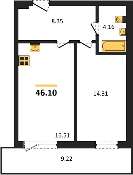 Квартира 1-комн. 46.1 кв. м