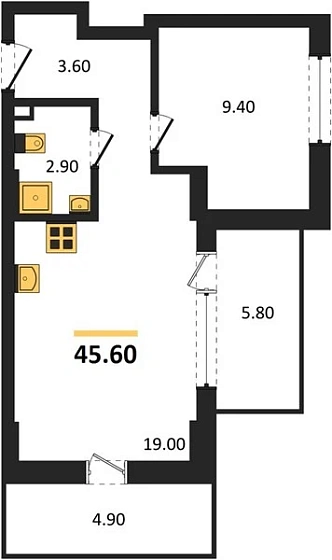 Апартаменты 1-комн. 45.6 кв. м