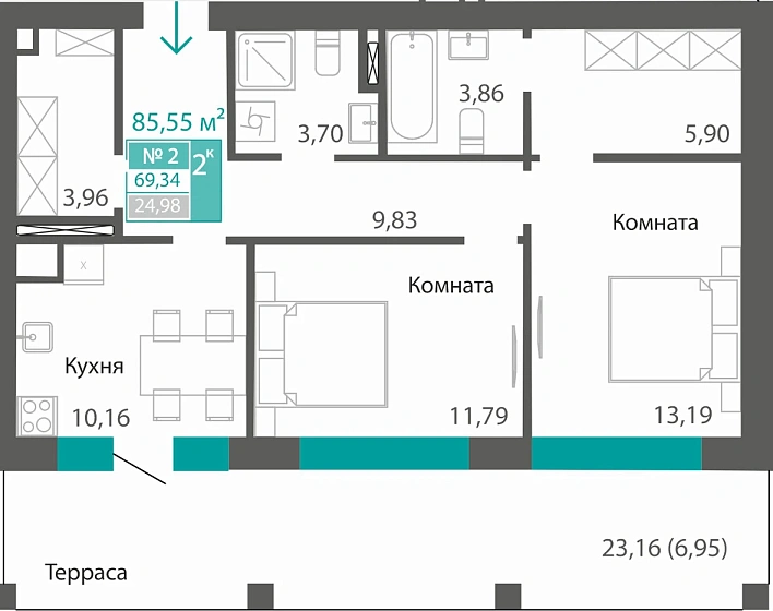 Квартира 2-комн. 69.34 кв.м