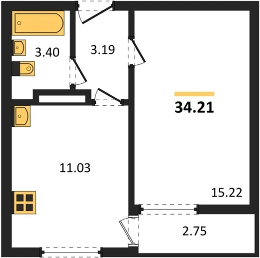 Квартира 1-комн. 34.21 кв. м