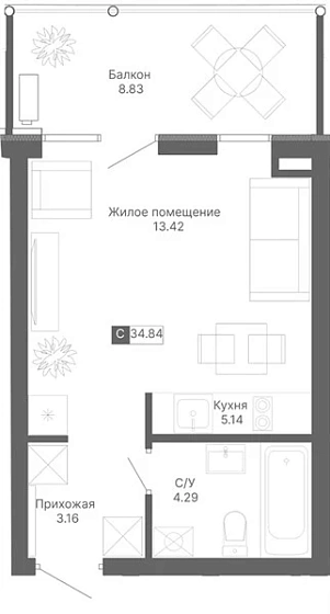 Апартаменты Студия 34.84 кв. м
