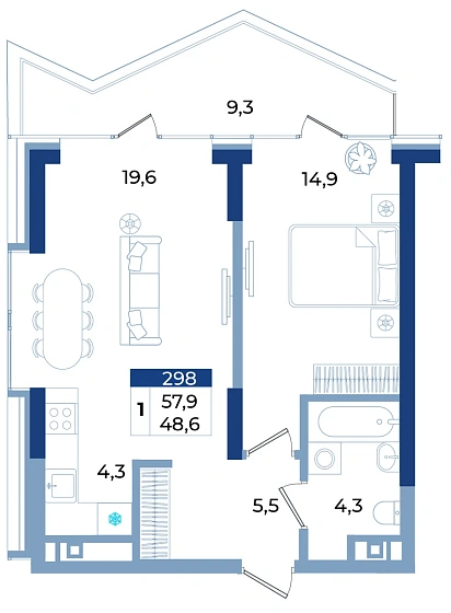 Апартаменты 1-комн. 57.9 кв.м