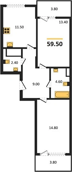 Квартира 2-комн. 59.5 кв. м