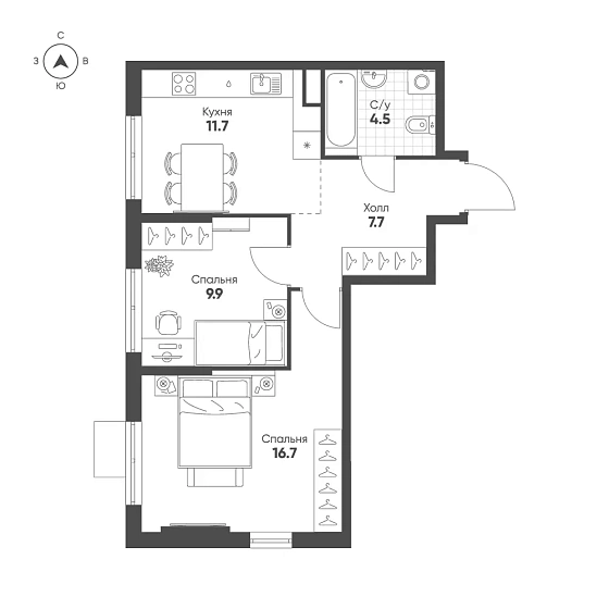 Квартира 2-комн. 50.5 кв. м
