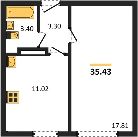 Квартира 1-комн. 35.43 кв. м