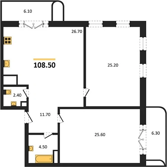Квартира 2-комн. 108.5 кв. м
