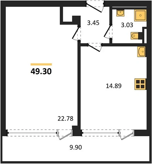 Квартира 1-комн. 49.3 кв. м