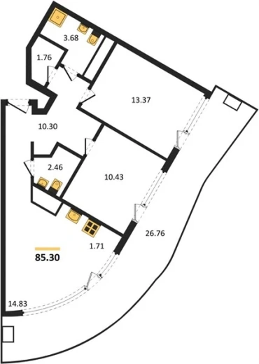 Апартаменты 2-комн. 85.3 кв. м