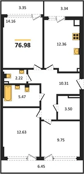 Квартира 3-комн. 76.98 кв. м
