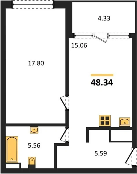 Квартира 1-комн. 48.34 кв. м