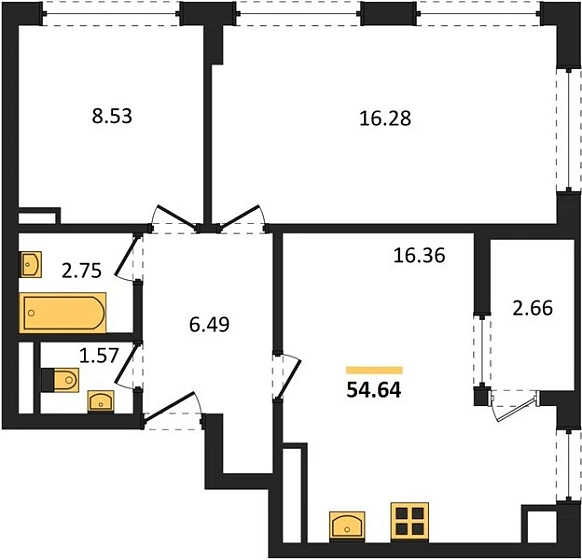 Квартира 2-комн. 54.64 кв. м