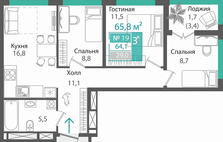 Квартира 3-комн. 64.1 кв.м