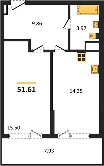 Апартаменты 1-комн. 51.61 кв. м
