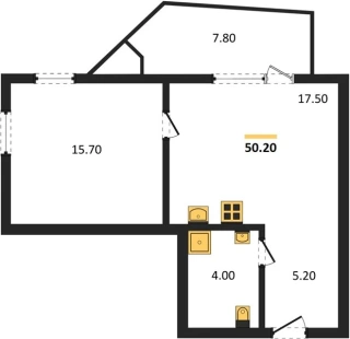 Квартира 1-комн. 50.2 кв. м