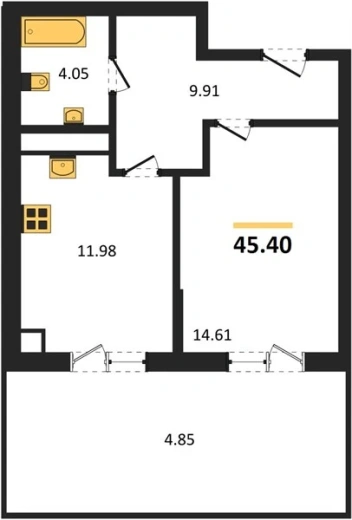 Квартира 1-комн. 45.35 кв. м