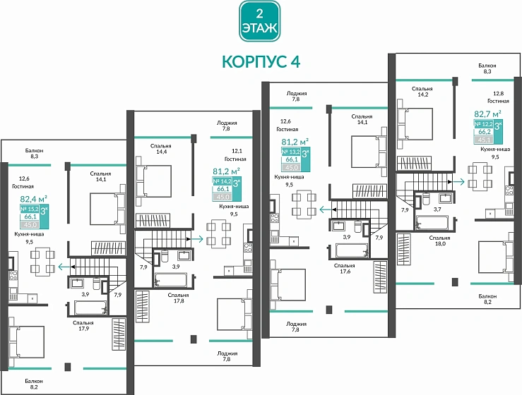 Апартаменты 3-комн. 82.4 кв.м
