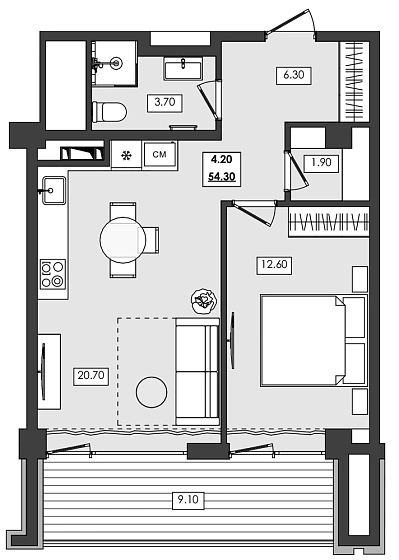 Апартаменты 2-комн. 54.3 кв. м