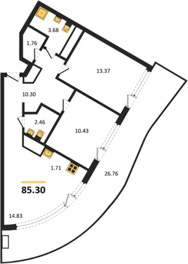 Апартаменты 2-комн. 85.3 кв. м