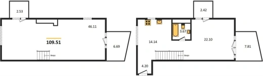 Квартира 1-комн. 109.51 кв. м