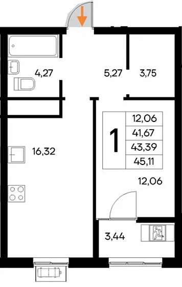 Квартира 1-комн. 45.11 кв. м