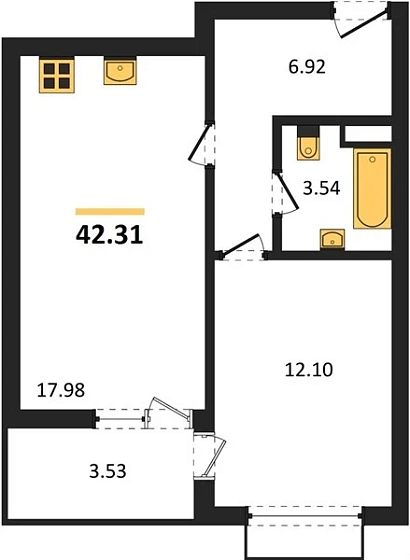 Квартира 1-комн. 42.31 кв. м