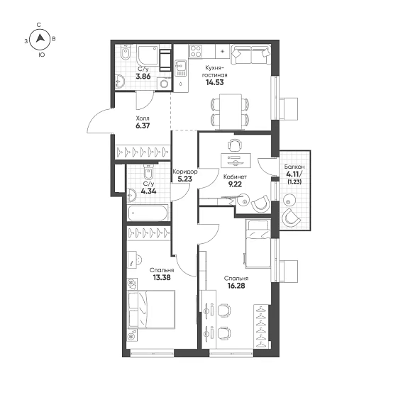Квартира 3-комн. 74.44 кв. м