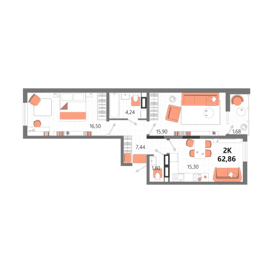 Квартира 2-комн. 62.86 кв. м