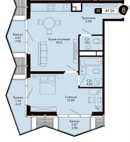 Квартира 1-комн. 49.26 кв. м