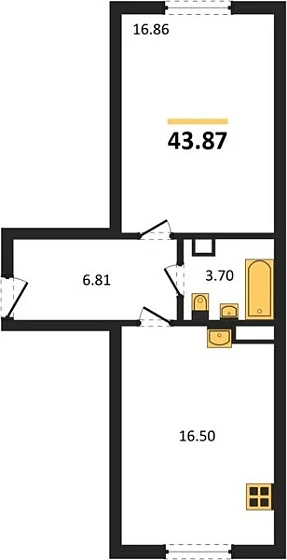 Квартира 1-комн. 43.87 кв. м