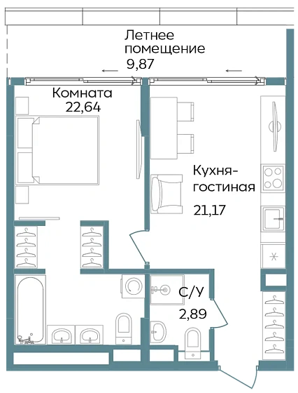 Апартаменты 2-комн. 56.57 кв. м