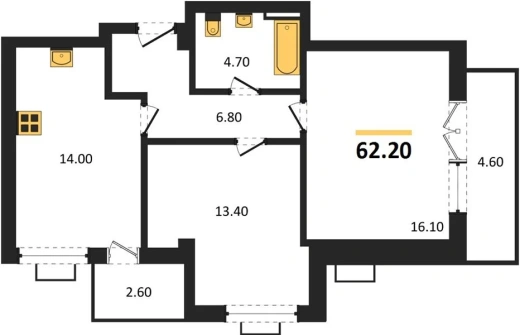 Квартира 2-комн. 62.2 кв. м