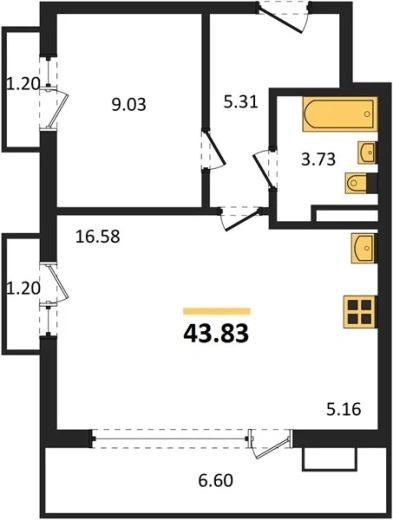 Квартира 1-комн. 43.83 кв. м