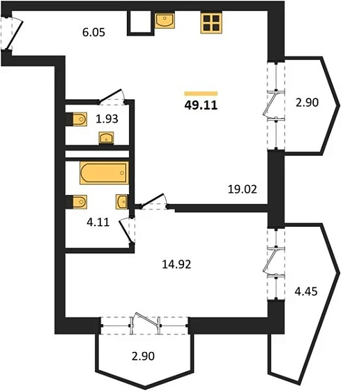 Квартира 1-комн. 49.11 кв. м