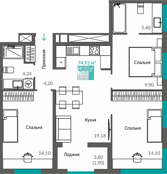 Квартира 3-комн. 73.02 кв.м